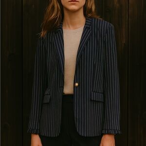 Chico’s Navy Blue Pinstripe Ruffle Sleeve Lined Blazer Size Medium